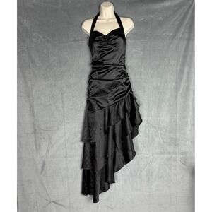 Y2K Juno Collection Dress S Black Satin Halter Ruched Ruffle 90s Whimsigoth